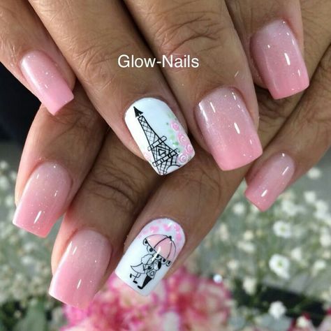 Nails Paris Design, Paris Themed Nails, Emily In Paris Nails, Paris Inspired Nails, Paris Nails Designs, Eiffel Tower Nails, Paris Nail Art, Paris Nails, Pink Nail Art Designs