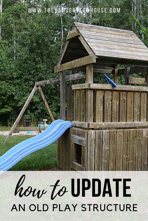 Check out this amazing swing set makeover! If you have an old and weathered wood swing set, you can use these easy steps to give your swing set a new life. This play structure makeover is easy, inexpensive, and makes a huge impact. #swingset #swingsetmakeover #playstructuremakeover Diy Wooden Swingsets, Wood Playground Makeover, Wood Play Set Makeover, Old Swingset Makeover, Backyard Playset Makeover, Wooden Swingset Remodel, Old Playground Makeover, Playstructure Update, Playhouse Swingset Makeover