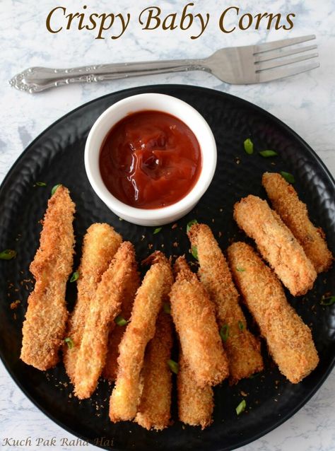 Crispy Baby Corn Recipe, Vegan Starter, Peanut Chutney, Baby Corn, Bite Size Food, Corn Snacks, Spicy Snacks Recipes, Pakora Recipes, Corn Recipe