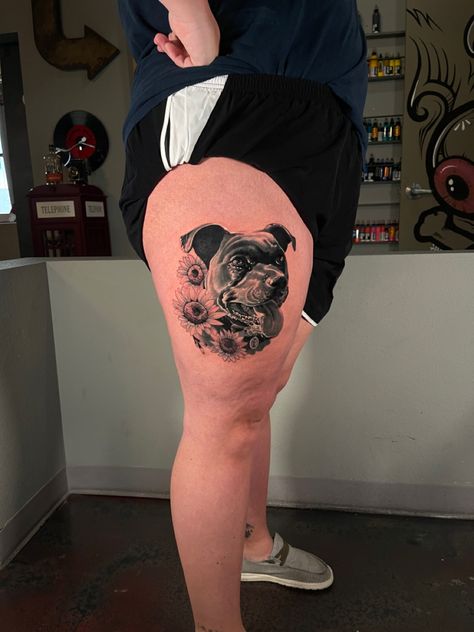 Dog Portrait Tattoo, Tattoo On Leg, Dog Memorial Tattoos, Realistic Portrait, Memorial Tattoo, Sunflower Tattoo, Face Tattoo, Dog Tattoo, Dog Tattoos