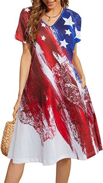 American Flag dress, 4th of july outfits for women, white and red blue blouse,vintage dresses, short sleeve, V neck, knee length, defined waist, flared A-Line silhouette, Stars and Stripes top dress. #patrioticfashion #patriotic #fourthofjuly #independenceday #style American Flag Dress, Flag Dress, Sukienki Plus Size, Casual Short Sleeve Dress, Summer Sundress, Patriotic Shirt, Vestidos Vintage, Tie Dye Dress, Dyed Dress