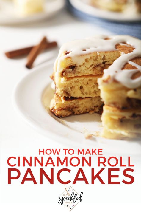 Did you know that you can make homemade pancakes with a cinnamon roll swirl at home? These easy cinnamon roll pancakes with a homemade cream cheese glaze are perfect for brunch or a special breakfast. #EasyEntertaining #SpeckledPalate Cinnamon Roll Pancakes Easy, Cinnamon Roll Pancakes Recipe, Cinnamon Roll Pancakes, Cream Cheese Glaze, Homemade Pancakes, Pancakes Easy, Easy Cinnamon, Pancake Batter, How To Make Breakfast