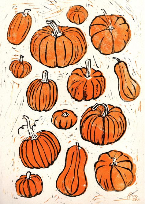 Pumpkin Lino Print, Drawings For Halloween, Pumpkin Illustration Autumn, Lino Inspiration, Halloween Art Drawing, Halloween Pottery, Pumpkin Sketch, Autumn Doodles, Arts Project