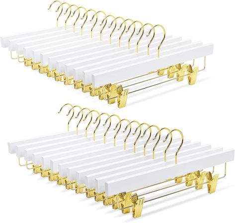 Each hanger size: 14"W X 6.7"H X 0.47"T. Pack of 24pcs. White wooden pants skirts hangers with 360° swivel gold hook and clips. Strong gold plated clips with a clear rubber mat ensures that clothes never fall. Gold Pant Hangers, Pants Hangers, White Hangers, Clothes Skirt, Tie Hanger, Gold Hangers, Trouser Hangers, Pants Rack, Skirt Hangers