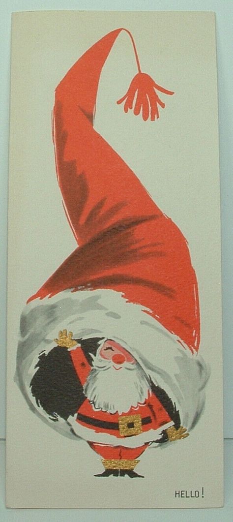 Gold Accents - Santa in a Big Hat - 1950's Vintage Christmas Greeting Card | eBay Retro Christmas Cards 1950s, Vintage Christmas Cards 1950s, Christmas Illustration Design, Vintage Santa Art, Christmas Pictures Vintage, Japanese Christmas, Retro Christmas Cards, Vintage Holiday Cards, Vintage Nutcrackers