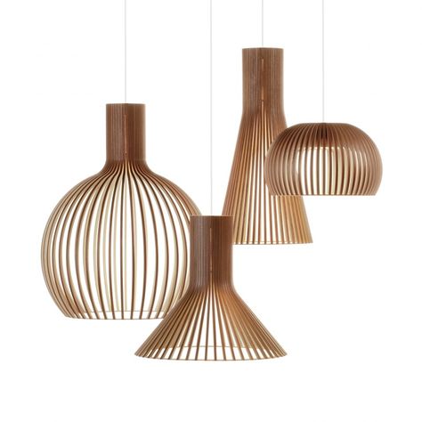 Secto Design walnut pendants Sunroom Lighting, Hallway Pendant Lighting, Rattan Lampe, Wooden Lighting, Interesting Lighting, Wooden Lamps, Wood Pendant Lamps, Ceiling Texture, Bamboo Art