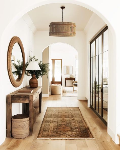 Isn't this hallway the stuff that monochrome dreams are made of? I love the warm earth tones spread throughout this organic modern space.… | Instagram Earth Tone Hallway, Organic Modern Entry, Organic Modern Hallway, Earth Decor, Boho Hallway, Warm Earth Tones, Modern Entry, Decor Hallway, Modern Hallway