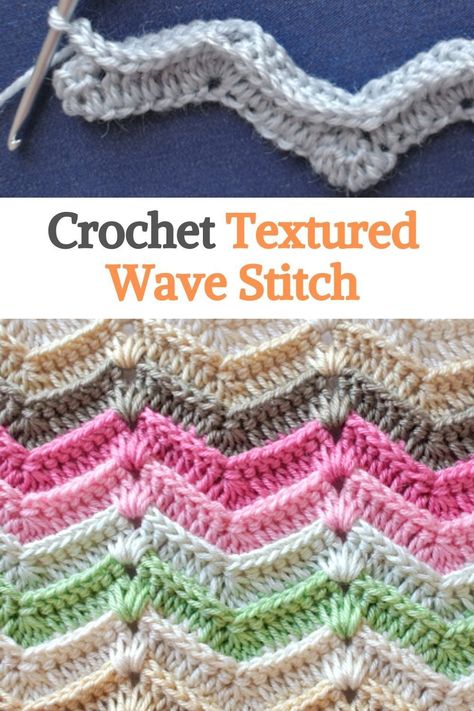 Ridged Ripple Crochet Pattern Free, Textured Ripple Crochet Pattern, Raised Textured Crochet Stitches, Wave Stitch Crochet Blanket, Wave Crochet Stitch, Wave Stitch Crochet, Ripple Stitch Crochet, Crochet Blanket Stitches, Modern Haken