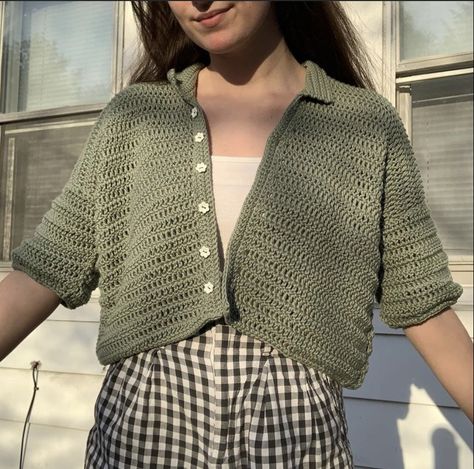 Crochet Button Up Shirt Pattern Free, Crochet Button Up, Crochet Button Up Shirt, Grandma Activities, Crochet Short Sleeve Cardigan, Retro Crochet, Cardigan Crochet Pattern, Summer Craft, Mesh Tops