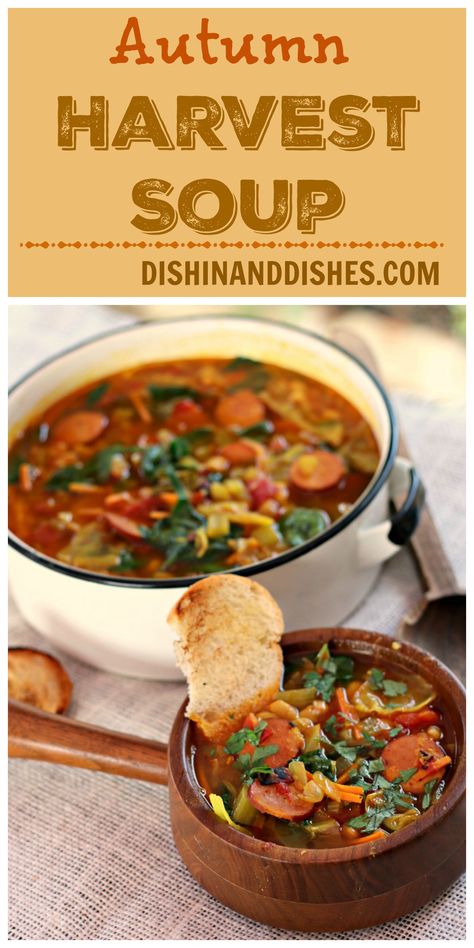 Autumn Harvest Soup | Dishin & Dishes Soups For September, Rustic Autumn Vegetable Soup, Harvest Soup Recipes, Spinach And Beans, Cabbage And Spinach, Soup Recipes Uk, Turkey Kielbasa, Harvest Soup, Cabbage Curry