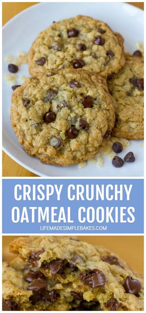 Crispy Oatmeal Chocolate Chip Cookies, Crunchy Oatmeal Cookies, Crunchy Oatmeal, Crispy Oatmeal Cookies, Oatmeal Chocolate Chip Cookie Recipe, Crispy Chocolate Chip Cookies, Large Cookies, Life Made Simple, Cereal Cookies