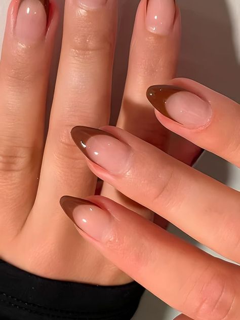 Our Favorite Brown-Tipped French Manicure Styles To Try Out The Nail Trend Simple Nail Designs Mid Length, November Nails Ideas French, Dark Brown French Tip, Beige Nails French Tip, French Tip Nails For Fall, Autumn Nails French Tips Square, French Manicure With Brown Tips, French Tips Brown, Brown Nails With White Tips