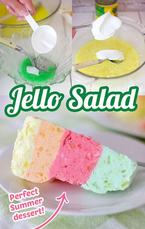 Layered Jello Salad, Layered Jello Recipe, Jello Pudding Desserts, Jello With Cool Whip, Jello Deserts, Jello Fruit, Jello Fruit Salads, Desert Salads, Dessert Salad Recipes