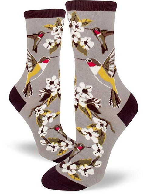 ModSocks Women's Hummingbird Garden Crew Socks in Haze Gray (Fits Most Women Shoe Size 6-10) Bee Sock, Flower Socks, Sock Lovers, Hummingbird Garden, Funky Socks, Sock Drawer, Bee On Flower, Women Crew Socks, Sock Animals