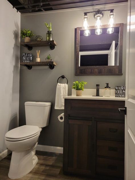 Rustic/ farmhouse/ industrial floating shelves/ Amazon decor Dark Farmhouse Bathroom Ideas, Espresso Bathroom Cabinets Decor, Small Bathroom Dark Vanity, Grey White Brown Bathroom, Brown Farmhouse Bathroom, Bathroom Decor Dark Brown Cabinets, Small Bathroom Ideas With Black Vanity, Brown Restroom Decor Ideas, Brown Cabinet Bathroom Decor