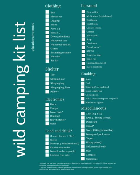 Save for later 💾 I wrote a little wild camping kit list for myself so that I remember what to pack when I go out. Feel free to keep it for yourself or add anything you think I've missed off. It’s what I would take on a one or two night trip in the north of the UK in summer. You may want to adapt it for your own purposes. #girlmossing #girlmoss #womenwhohike #womenwhowander #wildcamp #happycamper #thelakedistrict #kitlist Sleeping Bag Liner, Wild Camp, Wild Camping, Camping Kit, Shelter Tent, When I Go, Girl M, Waterproof Coat, Save For Later