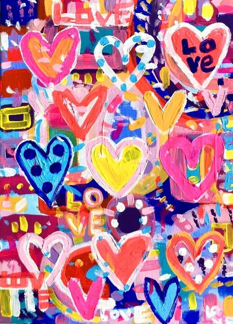 Happy Art Wallpaper, Hearts Painting Aesthetic, Colorful Hearts Wallpaper, Heart Painting On Canvas, Happy Graffiti, Pop Art Wedding, Graffiti Wedding, Hearts Artwork, Heart Art Painting