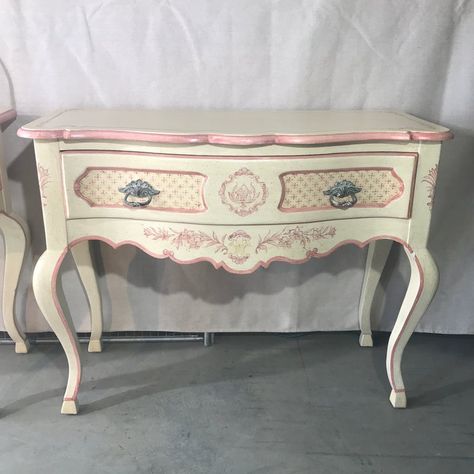 Pair of two hand painted consoles. Marked on back: Hand Painted La Barge Alexandrine Collection. Rare find/ Beautiful curvature and hoofed feet. Beautiful, detailed painting. Excellent condition (estate found condition). Pair of matching mirrors sold  in separate listing. Furniture Decals Dressers, Beach Painted Furniture, Funky Painted Coffee Table, Shelf Painting, Vanity Redo, French Country Buffet, Drawer Ideas, Flip Furniture, French Painted Furniture