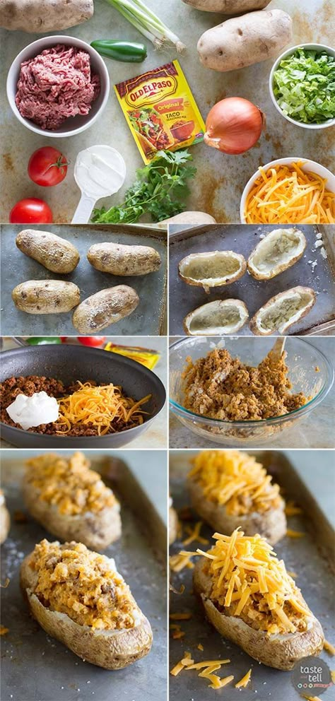 Bbq Baked Potatoes, Easy Taco Bake, Baked Potato Dinner, Taste And Tell, Stuffed Potatoes, Stuffed Baked Potatoes, Potato Dinner, How To Make Taco, Baked Potato Recipes