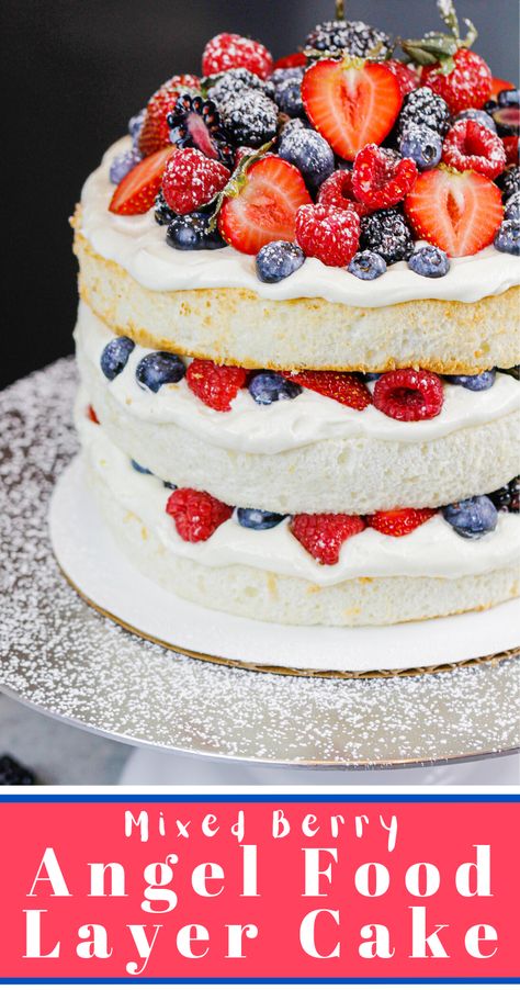 Layered Angel Food Cake, Light Summer Desserts, Fruit Birthday Cake, Angel Food Cake Desserts, Summer Cake Recipes, Seasonal Baking, Fluffy Cake, Cake Layers, Whipped Cream Frosting