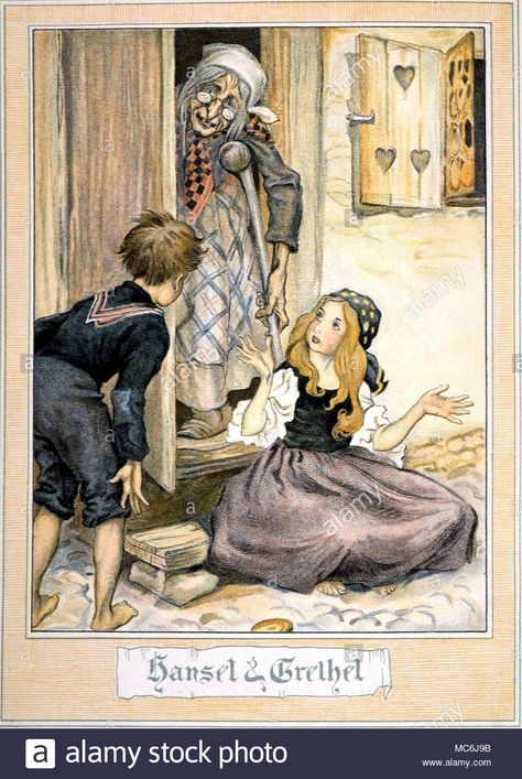 FAIRY STORIES - HANSEL AND GRETEL.  Hansel and Gretel in front of the witch's house.  Illustration by Arthur Rackham for the E Lucas translation of Fairy Tales of the Brothers Grimm - Stock Image Soviet Postcards, Fairy Tale Illustrations, Fairy Tale Art, 동화 삽화, Fairytale Nursery, Arthur Rackham, Brothers Grimm, Grimm Fairy Tales, Fairytale Illustration