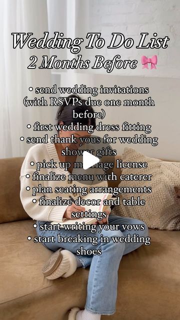 doing bride things on Instagram: "wedding checklist! 💒✔️check these items off your wedding to do list 2 months out. you’re getting so close to your big day and it’s time to get all the small details sorted out 🩷  #2024brides #bridetobe #weddingplanning #bridesofinstagram #bridestobe #bridesessentials #weddingplanningtips #weddingplanningadvice" Bride Things, 2026 Wedding, Wedding To Do List, Wedding Shower Gifts, Instagram Wedding, 2024 Wedding, Fitted Wedding Dress, Wedding Planning Advice, Wedding Checklist