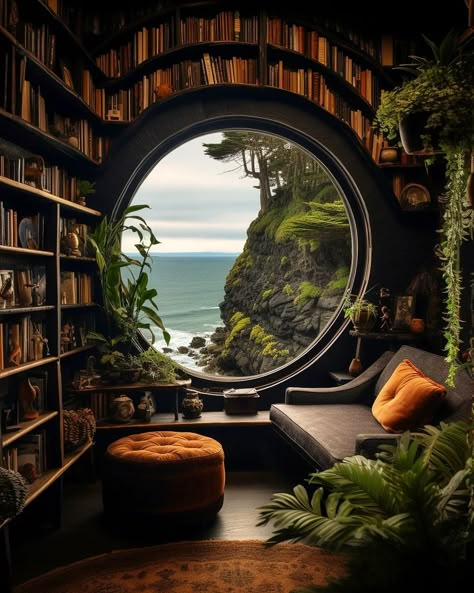 Taryn Core, Hobbit Library, Fairytale Home, Canyon City, Fantasy Rooms, Round Window, Home Library Design, Hobbit House, Fantasy Homes