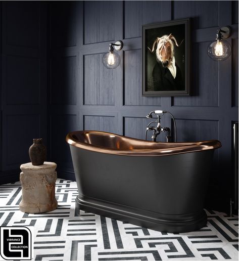 Copper and Vanto Black Bath Tub-Handcrafted from 100% Natural Copper. Artisans have been hammering baths into shape for almost 300 years. These baths are unique and manufactured in the traditional methods. Tub Bathroom Ideas, Small Bathroom Renos, Black Tub, Bedroom With Bath, Copper Bath, Loft Bathroom, Copper Bathroom, Washbasin Design, Floating Shelves Bathroom