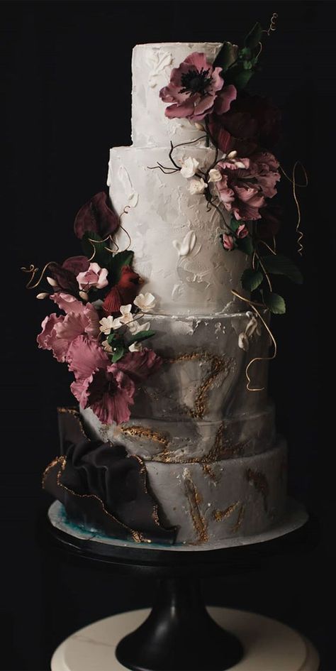 Black ruffled with gold trim Textured wedding cakes are my favorite, there is something charming about it. This cake features chocolate dake with classic... Dark Themed Wedding Cake, Elegant Black Wedding Cake, Wedding Cake Dark Academia, Dark Floral Wedding Cake, Fantasy Wedding Cake Ideas, Dark Wedding Cake Aesthetic, Grunge Wedding Cake, Wedding Cakes Gothic, Dark Moody Wedding Cake