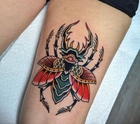 Chest Tattoo Traditional, Traditional Insect Tattoo, Traditional Tattoo Animals, Traditional Chest Tattoo, Scarab Tattoo, Tattoo Animals, Traditional Chest, Beetle Tattoo, Traditional Tattoo Inspiration