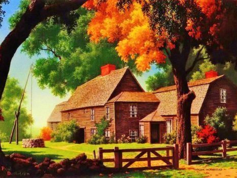 Perfect Fall Home (165 pieces) Paul Detlefsen, Autumn Countryside, Pioneer Life, Farm Art, Cottage Art, Autumn Scenes, Landscape Illustration, Beautiful Nature Wallpaper, Country Art