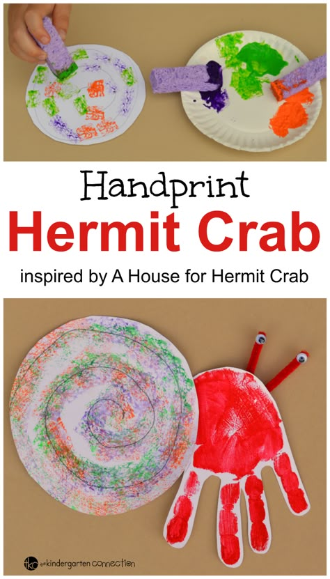 Handprint Hermit Crab Craft - The Kindergarten Connection Hermit Crab Craft, Hermit Crab Crafts, A House For Hermit Crab, Eric Carle Crafts, Crab Craft, Eric Carle Art, Eric Carle Activities, Crab Crafts, Preschool Ocean