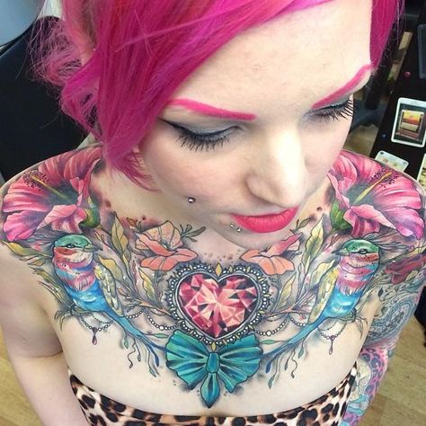 Unbelievable Tattoos, Full Chest Tattoos, Chest Tattoo Female, Gem Tattoo, Throat Tattoo, Tattoo Female, Floral Tattoo Sleeve, Chest Tattoos For Women, Full Body Tattoo