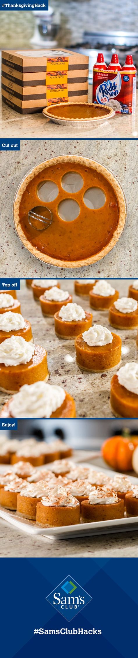 Family will gobble up this easy #ThanksgivingHack! Take a 2” biscuit cutter to four Sam’s Club pumpkin pies and voila! Adorable minis for 32 guests. Top off with Reddi-wip and SERVE IMMEDIATELY. Happy Thanksgiving! #SamsClubHacks Pumpkin Pie Cups Recipe, Dollarstore Fall Decor, Cute Fall Desserts For Kids, Fall Comfort Food Recipes Crock Pots, Cheap Fall Party Food, Fall First Birthday Activities, Thanksgiving Bunco Food Ideas, Yummy Thanksgiving Dishes, Pumpkin Pie Costco