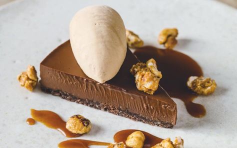 Raymond Blanc's chocolate crémeux, lime butterscotch, hazelnut ice cream Citron Tart, Chef Desserts, Hazelnut Ice Cream, Diner Party, Fine Dining Desserts, Dessert Presentation, French Desserts, Special Desserts, Christmas Lunch