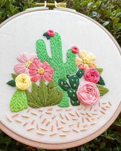 Blossoming Embroidery, Pattern 4/15: Cactus Blossoms 🌸🌵 This is one of my favorite pieces in the book! 🥰 I did a cactus design several years ago, but this one feels like the perfect refresh and a great addition to the book. Lots of texture in the pattern, and you’ll get to practice several stitches like split stitch, seed stitch, satin stitch, and woven roses. My book is available for pre-order now, and you can grab it using the link in my story highlights or bio! If you have any questions, ... Cactus Embroidery Pattern, Embroidery Cactus, Cactus Embroidery Designs, Cactus Hand Embroidery, Cross Stitch Cactus Pattern, Cactus Embroidery Simple, Embroidered Cactus Pattern, Cacti Embroidery, Embroidered Converse