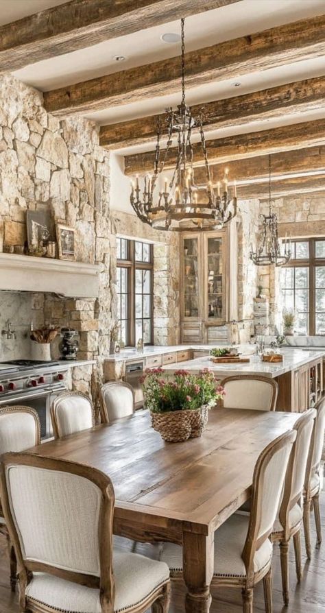 Stone Backsplash In Kitchen, Rustic Stone House Interior Design, Rustic Stone Kitchen, Rustic Ranch Kitchen, Stone House Interior Design, Stone Kitchen Wall, Interior Stone Walls, Stone Wall Kitchen, Italian Rustic Kitchen