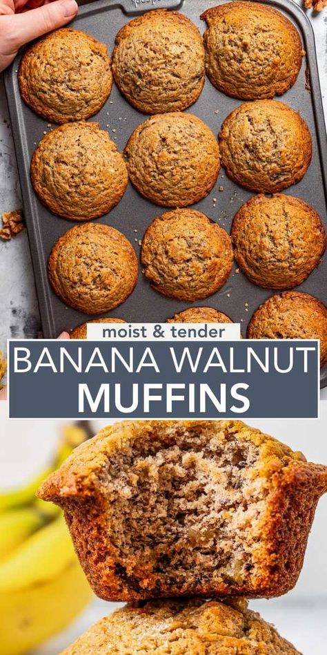 Meet your new favorite grab and go breakfast or snack. These banana walnut muffins are moist, tender, loaded with real banana flavor and a smattering of walnuts, and are topped with raw cane sugar. Walnut Breakfast, Justine Doiron, Banana Walnut Muffins, Muffin Flavors, Walnut Muffins, Banana Muffin Recipe, Walnut Recipes, Healthy Vegetable Recipes, Banana Walnut