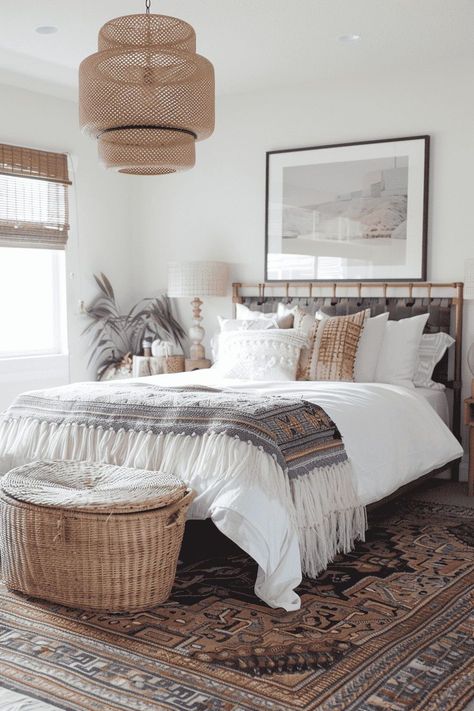 I love boho bedroom decor because it allows for a free-spirited and eclectic style that reflects my personality. The mix of patterns, textures, and colors creates a cozy and inviting atmosphere that feels both relaxed and vibrant. The use of natural materials such as rattan, jute, and wood brings a sense of warmth and earthiness to the space. Boho Bedroom Decor Ideas, Boho Bedroom Ideas, Boho Style Bedroom, My Personal Style, Mixed Patterns, Bohemian Inspiration, Boho Chic Bedroom, Sanctuary Bedroom, My Personality