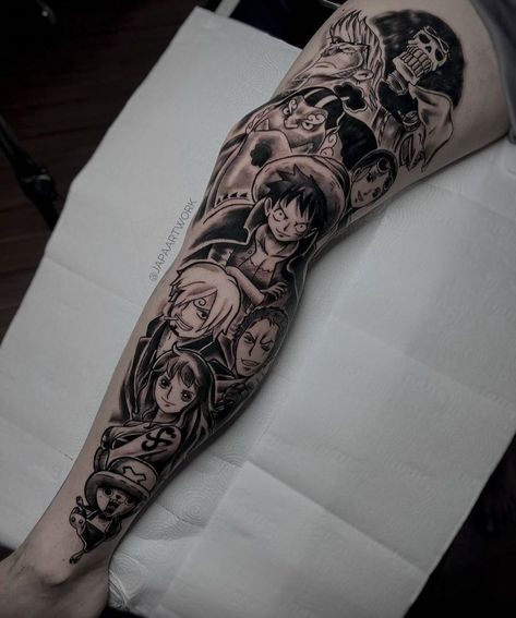 Anime Tattoo Leg Sleeve, One Piece Leg Tattoo, Luffy One Piece Tattoo Design, One Piece Sleeve Tattoo, Anime Leg Sleeve Tattoo, Anime Sleeve Tattoo, One Piece Anime Tattoo, Luffy Tattoo Ideas, One Piece Tattoo Ideas