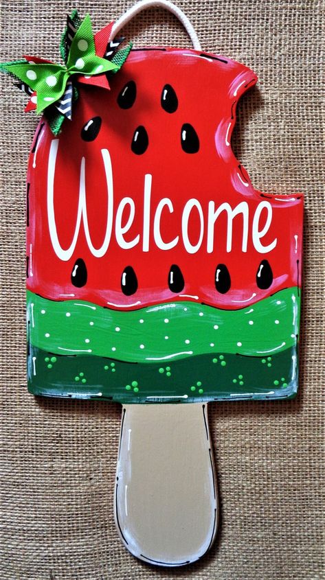 image 0 Deck Door, Watermelon Sign, Art Door, Watermelon Decor, Burlap Door Hangers, Stylish Doors, Door Hangers Diy, Pool Backyard, Painted Patio