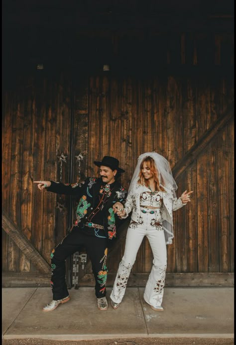 Western Wedding Jumpsuit, Urban Cowboy Wedding, Western Courthouse Wedding, Space Cowboy Wedding, Vegas Wedding Outfit Ideas, Retro Wedding Suit, Cowboy Disco Wedding, Western Vegas Wedding, 70s Western Wedding