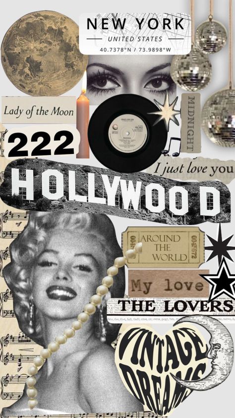 Disco Collage Art, Hollywood Moodboard, Aesthetic Art Collage, Shuffle Aesthetic, Preppy Backgrounds, 1950s Aesthetic, Pop Art Marilyn, Disco Aesthetic, Hollywood Aesthetic