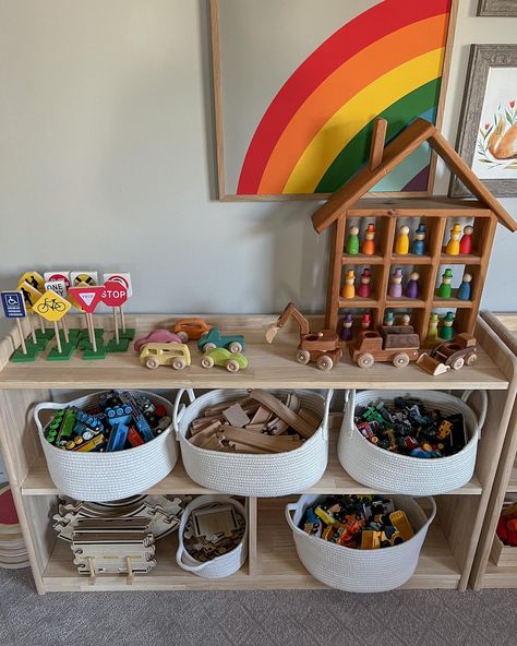 35 Creative Ideas for Toy Storage That Will Transform Your Home - placeideal.com Baby Play Room Storage, You Organization In Living Room, Montessori Room Ideas Preschool, Toy Rotation Storage Playroom, Outside Toy Storage, Little People Toy Storage, Toddler Bedroom Storage, Little People Storage, Toy Storage Ideas For Living Room