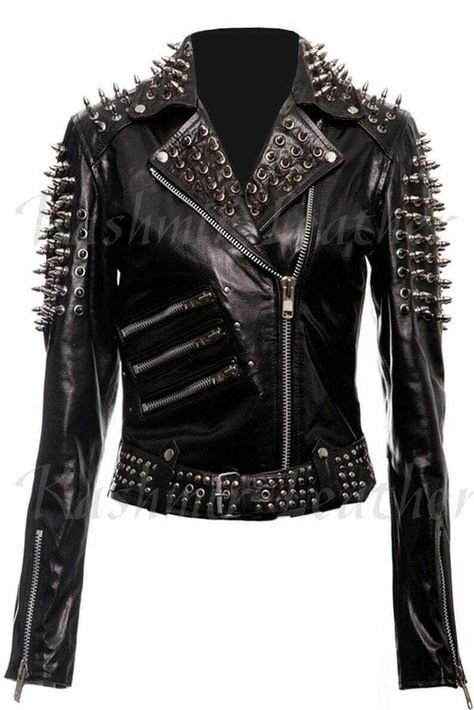 New Custom Simple Studded Brando Leather Jacket for Women with zipper,women sale Metalhead Style, Spiked Leather Jacket, Punk Leather Jacket, Fitted Leather Jacket, College Research, Men Leather Boots, Leather Boots Men, Punk Jacket, Stylish Winter Coats