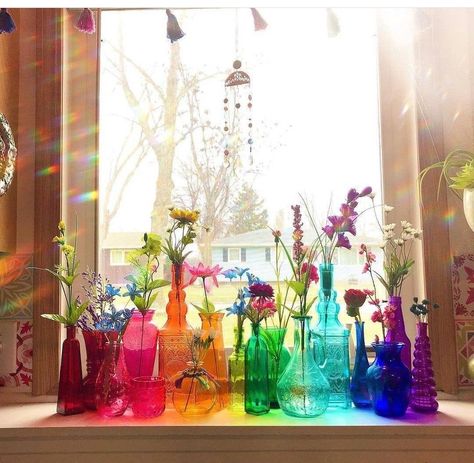 Colored Glass Decor, Rainbow Glassware, Glassware Display, Rainbow Bedroom, Colored Glass Bottles, Soda Ash, Colored Glass Vases, Bedroom Aesthetics, Vase Display