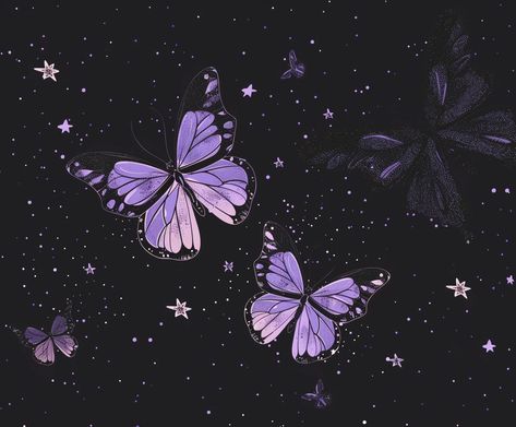 A vector illustration of purple and black butterflies flying in the night sky, surrounded by stars, cute cartoon style with thick outlines, digital art, vector design software, simple background, vibrant colors, cute aesthetic. --v 6 Night Butterfly Aesthetic, Purple Butterfly Desktop Wallpaper, Purple Butterfly Aesthetic, Black Butterflies Aesthetic, Space Butterfly, Purple Butterfly Wallpaper, Black Butterflies, Ipad Stuff, Widget Aesthetic