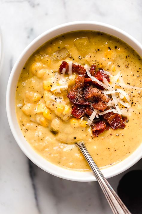 This thick and cheesy chowder with potatoes, corn, cauliflower, and bacon is perfect for cold and cozy winter nights. Cheddar Corn Chowder, Corn Chowder With Bacon, Cheddar Corn, Bacon Corn Chowder, Meal Prep Guide, Bacon Recipe, Corn Chowder, Skinny Taste Recipes, Food Tasting