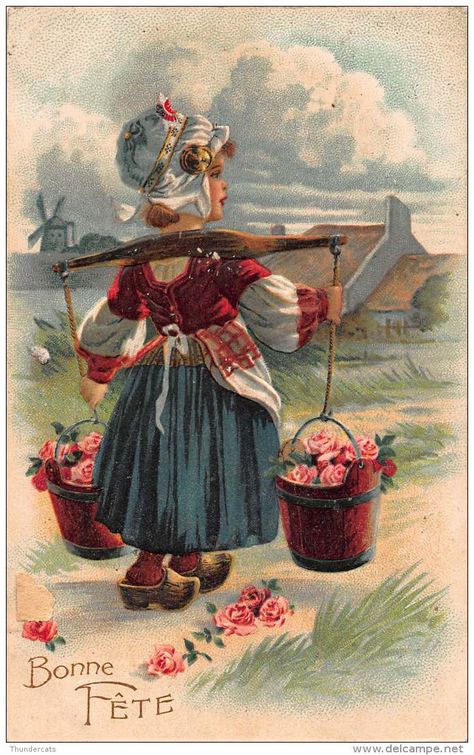 The collectable you are looking for is on Delcampe Animiertes Gif, Holiday Writing, French Kids, Dutch Girl, Flower Bucket, Antique Images, Birthday Posts, Wooden Shoes, Holiday Postcards