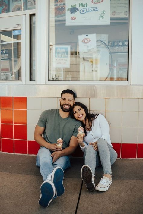 Ice Cream Shop Photo Shoot Couple, Boardwalk Couple Photoshoot, Ice Cream Couple Photoshoot, Boardwalk Engagement Photos, Ice Cream Engagement Photos, Unique Couples Photoshoot, Duo Photos, Casual Engagement Pictures, Casual Engagement Photos